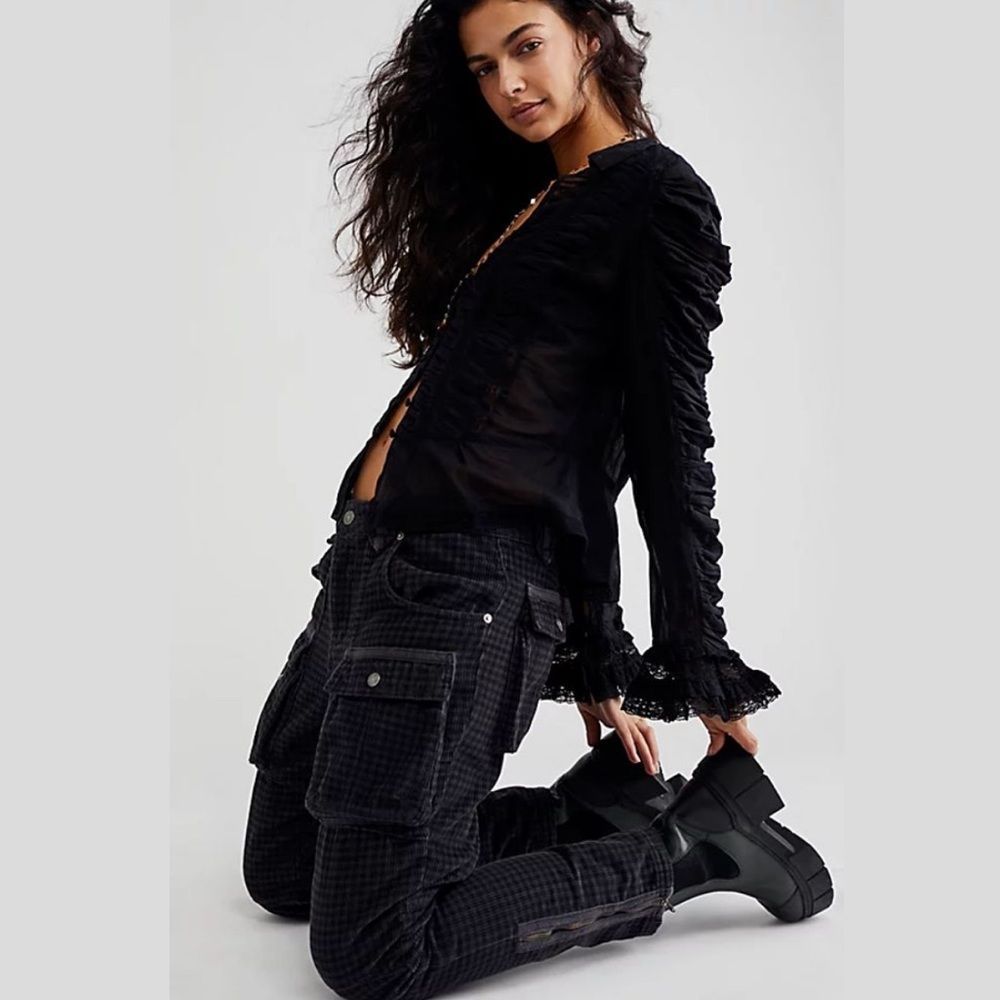 Free People London Calling Slouchy Cord Pants Folkstone Grey Black 28 Boho